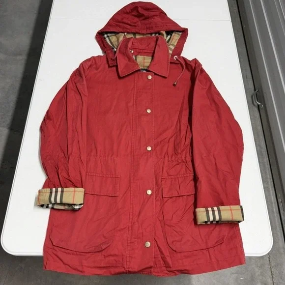 Burberry London Red Hooded parka Barn Jacket Nova Check Lining Womens Coat - Picture 1 of 10